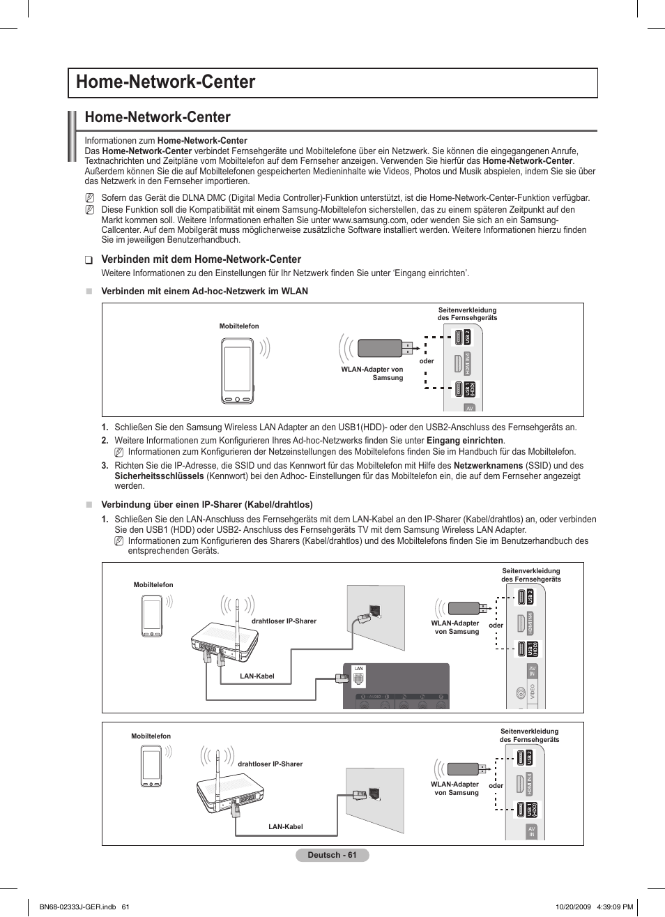 Home-network-center, Verbinden mit dem home-network-center | Samsung PS63B680T6W User Manual | Page 212 / 648