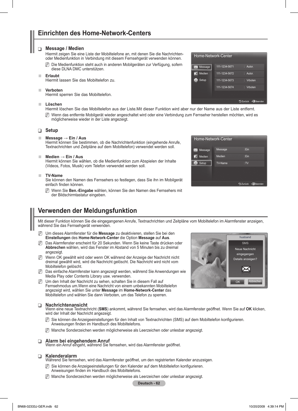 Einrichten des home-network-centers, Verwenden der meldungsfunktion, Message / medien | Setup, Nachrichtenansicht, Alarm bei eingehendem anruf, Kalenderalarm | Samsung PS63B680T6W User Manual | Page 213 / 648