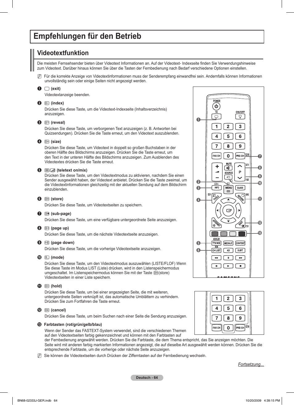 Empfehlungen für den betrieb, Videotextfunktion | Samsung PS63B680T6W User Manual | Page 215 / 648