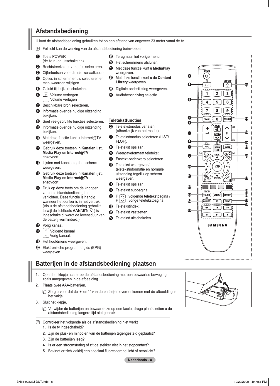 Afstandsbediening, Batterijen in de afstandsbediening plaatsen | Samsung PS63B680T6W User Manual | Page 229 / 648