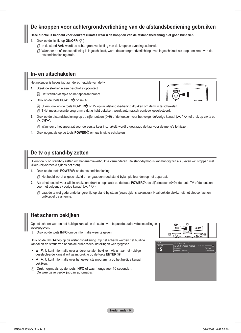 In- en uitschakelen, De tv op stand-by zetten, Het scherm bekijken | Samsung PS63B680T6W User Manual | Page 230 / 648