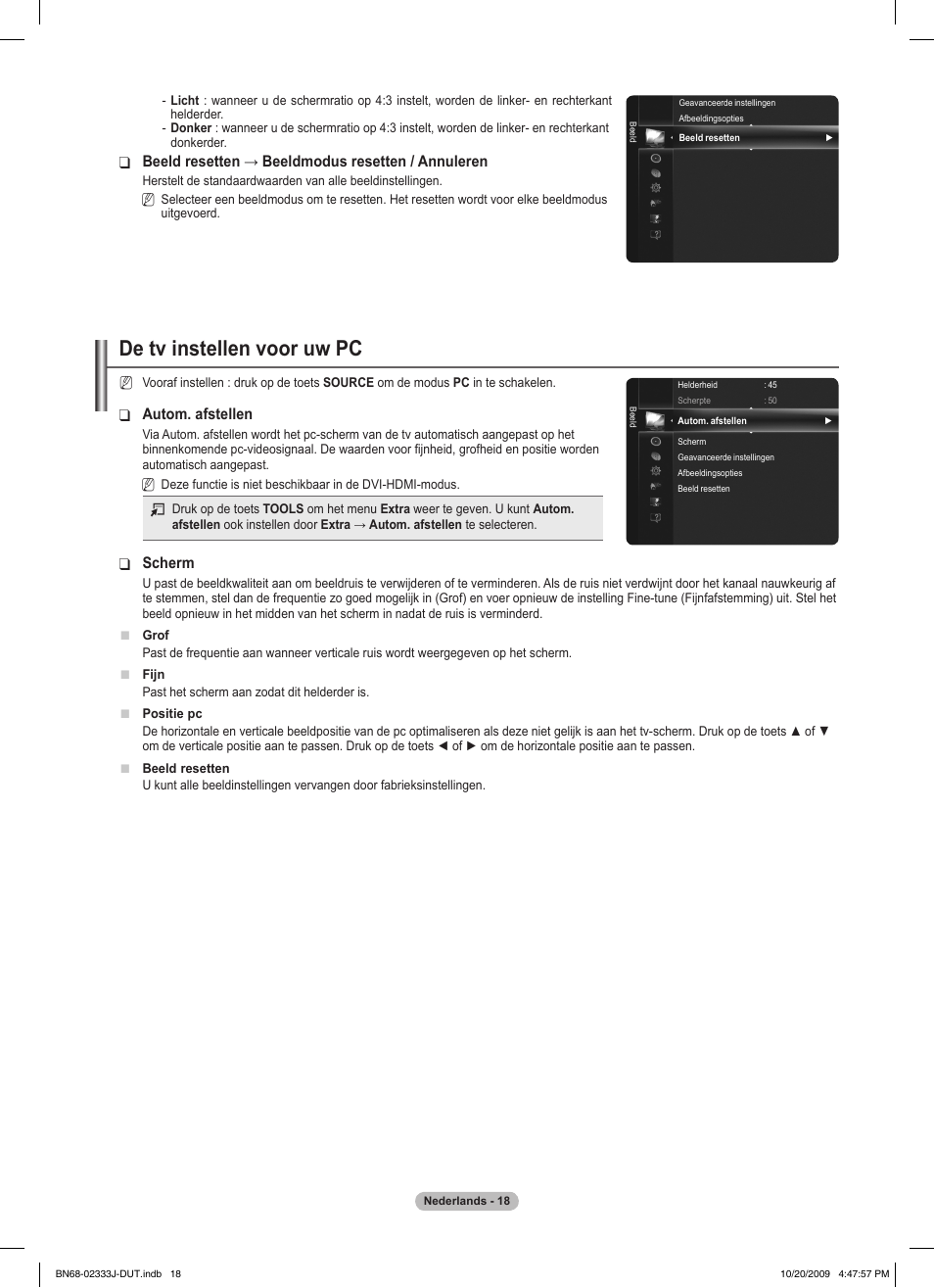 De tv instellen voor uw pc, Autom. afstellen, Scherm | Beeld resetten → beeldmodus resetten / annuleren | Samsung PS63B680T6W User Manual | Page 239 / 648