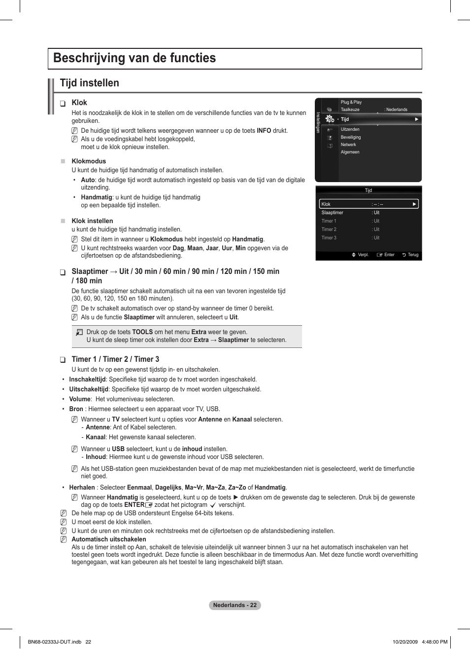 Beschrijving van de functies, Tijd instellen | Samsung PS63B680T6W User Manual | Page 243 / 648
