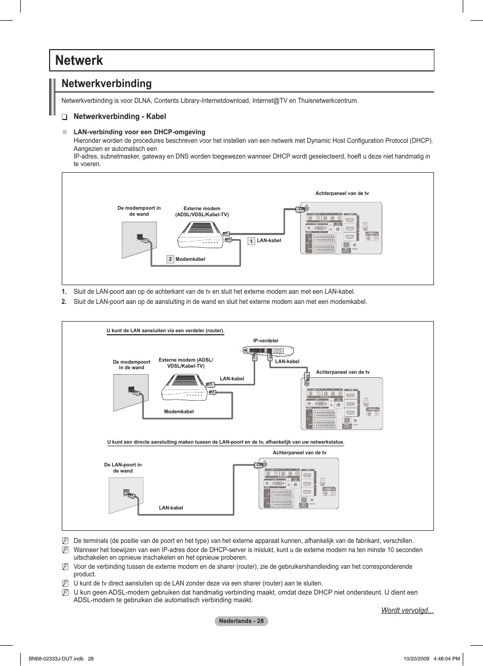 Netwerk, Netwerkverbinding, Netwerkverbinding - kabel | Samsung PS63B680T6W User Manual | Page 249 / 648