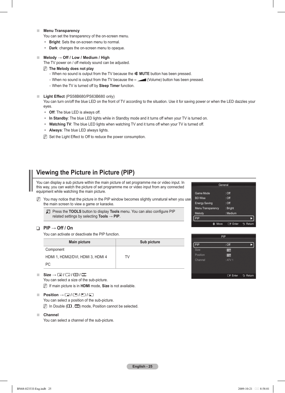 Viewing the picture in picture (pip), Pip → off / on | Samsung PS63B680T6W User Manual | Page 25 / 648