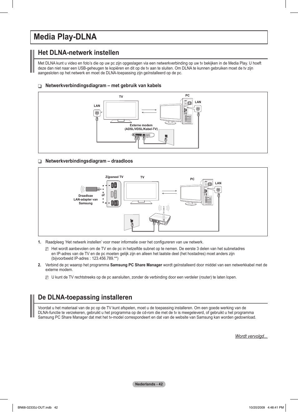 Media play-dlna, Het dlna-netwerk instellen, De dlna-toepassing installeren | Samsung PS63B680T6W User Manual | Page 263 / 648