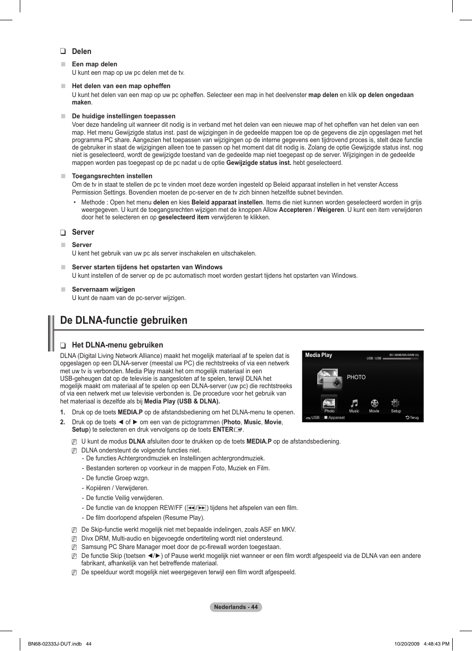 De dlna-functie gebruiken, Delen, Server | Het dlna-menu gebruiken | Samsung PS63B680T6W User Manual | Page 265 / 648