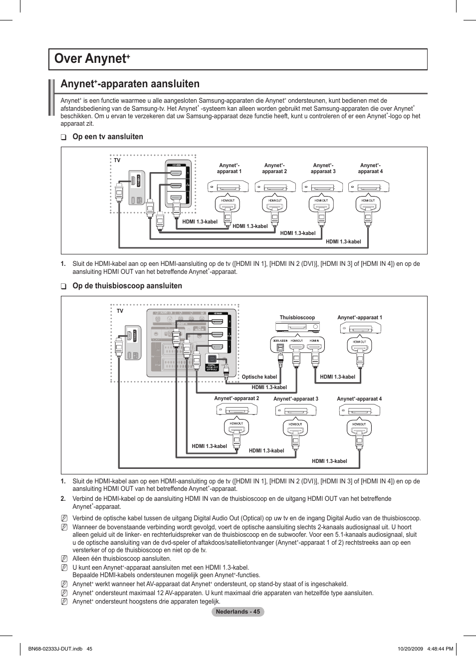 Over anynet, Anynet, Apparaten aansluiten | Op een tv aansluiten, Op de thuisbioscoop aansluiten | Samsung PS63B680T6W User Manual | Page 266 / 648