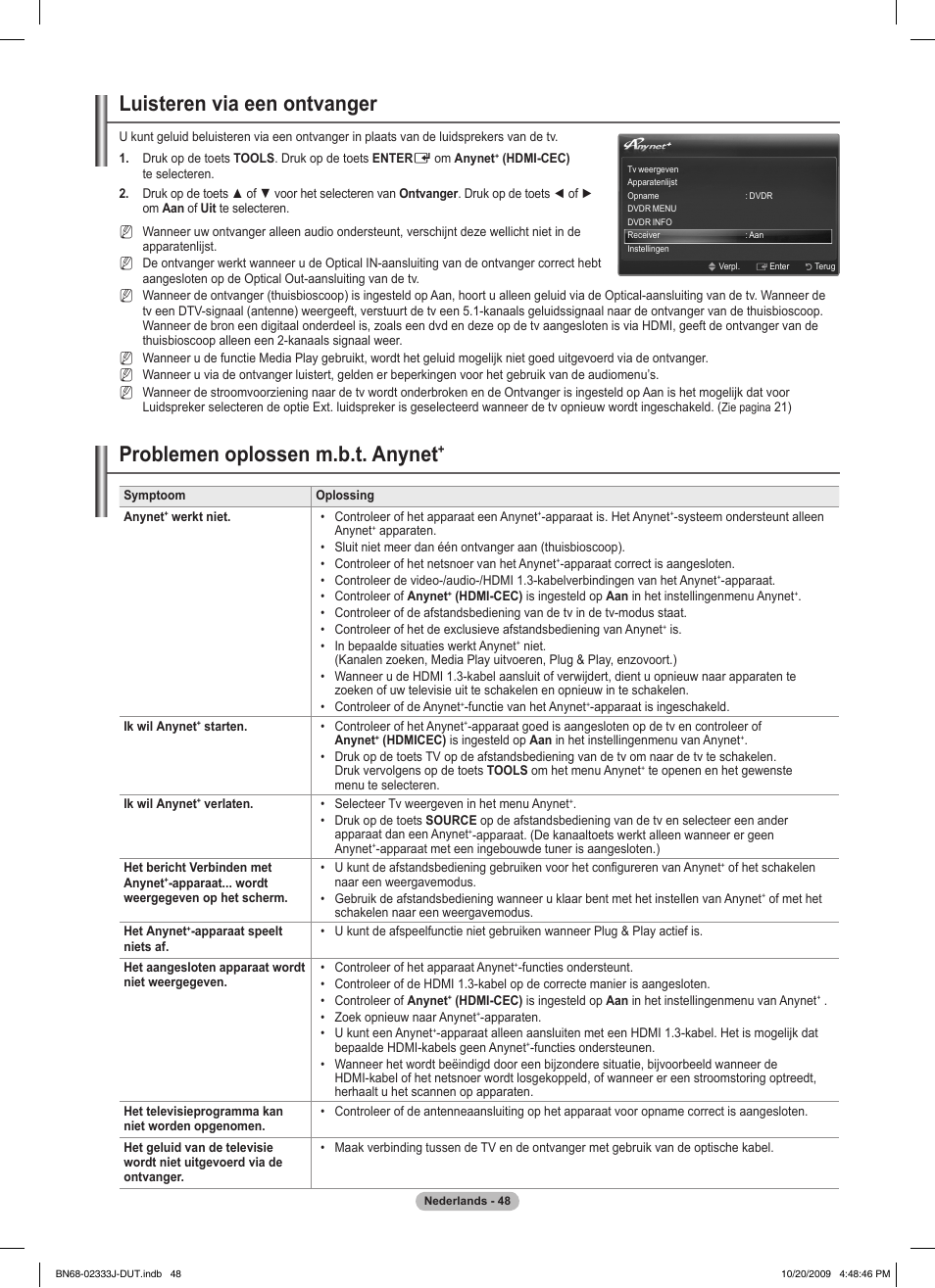 Luisteren via een ontvanger, Problemen oplossen m.b.t. anynet | Samsung PS63B680T6W User Manual | Page 269 / 648