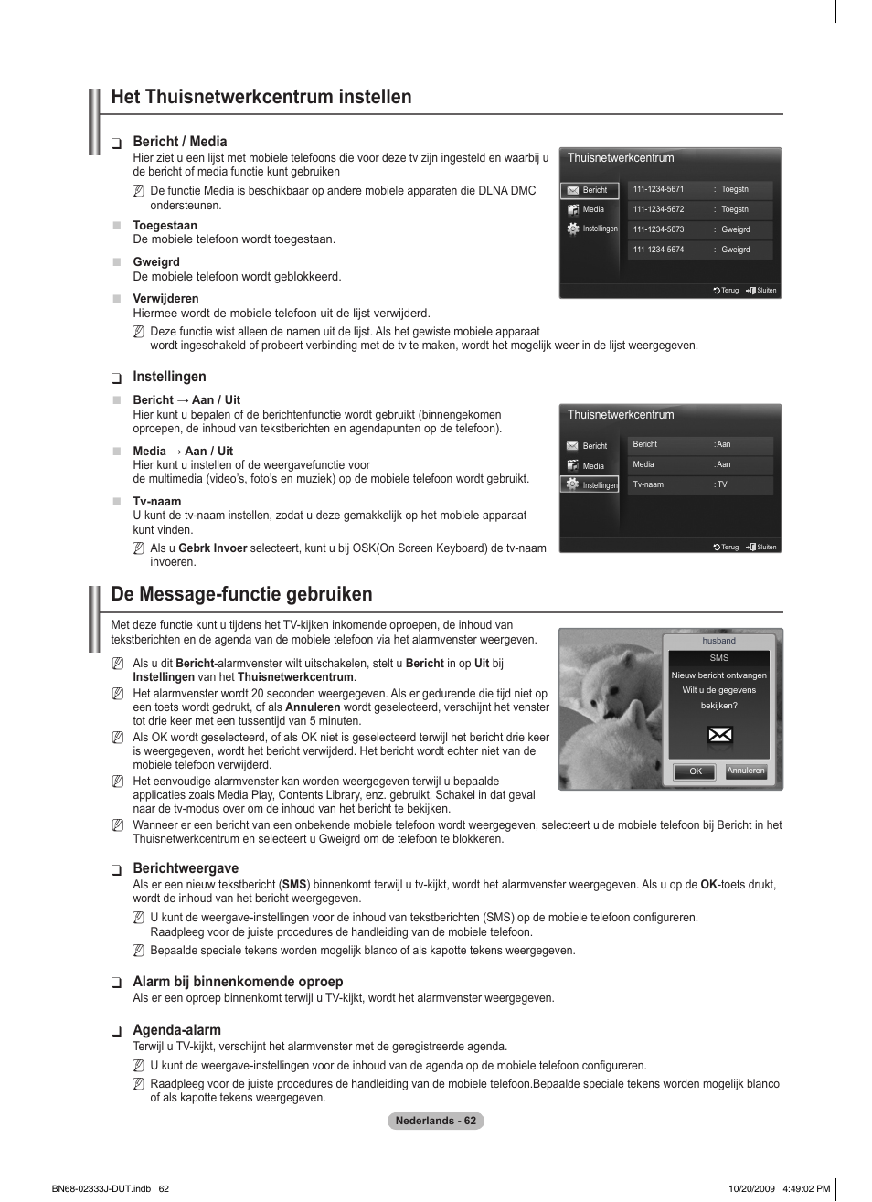 Het thuisnetwerkcentrum instellen, De message-functie gebruiken, Bericht / media | Instellingen, Berichtweergave, Alarm bij binnenkomende oproep, Agenda-alarm | Samsung PS63B680T6W User Manual | Page 283 / 648