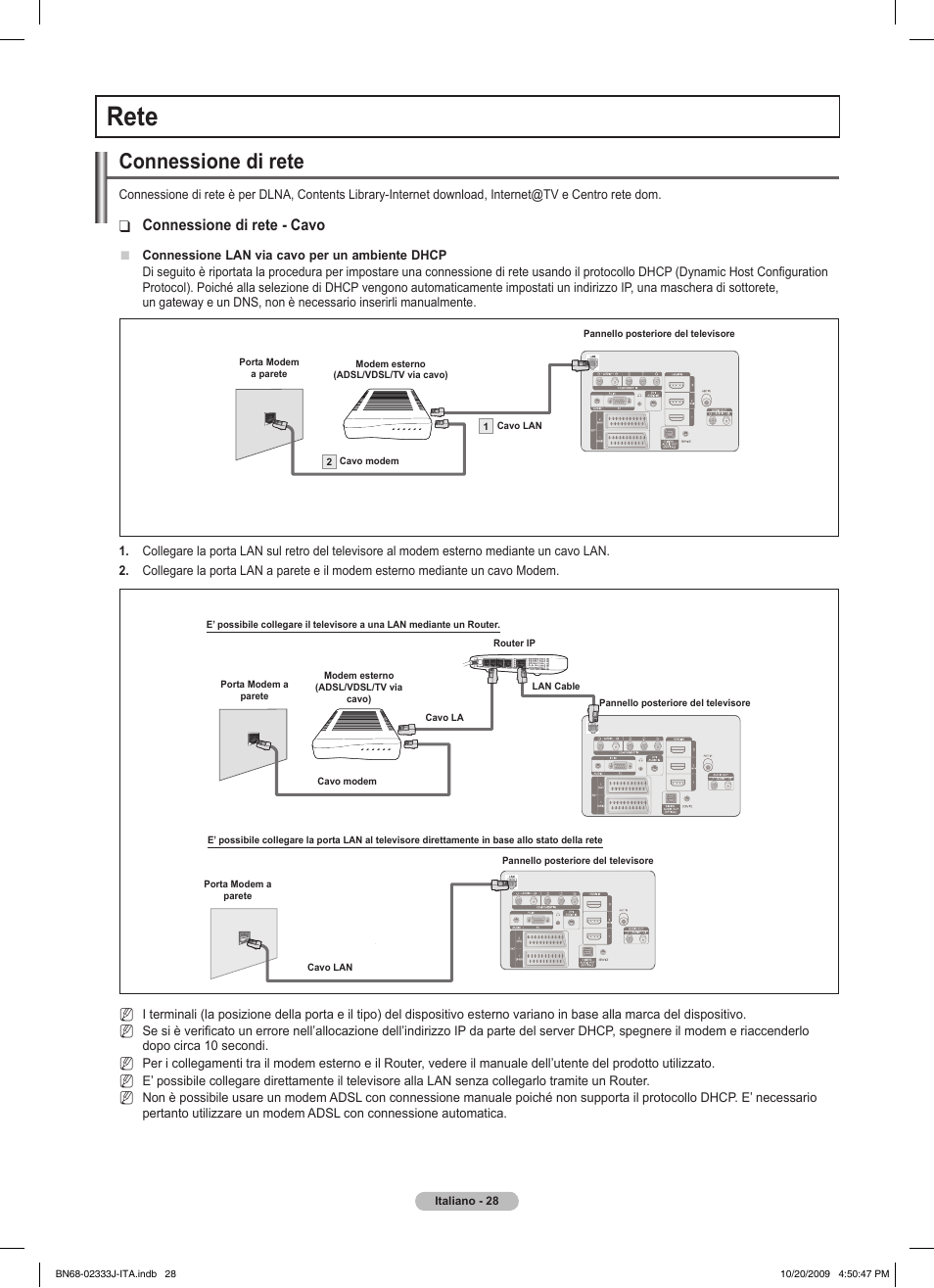 Rete, Connessione di rete, Connessione di rete - cavo | Samsung PS63B680T6W User Manual | Page 319 / 648