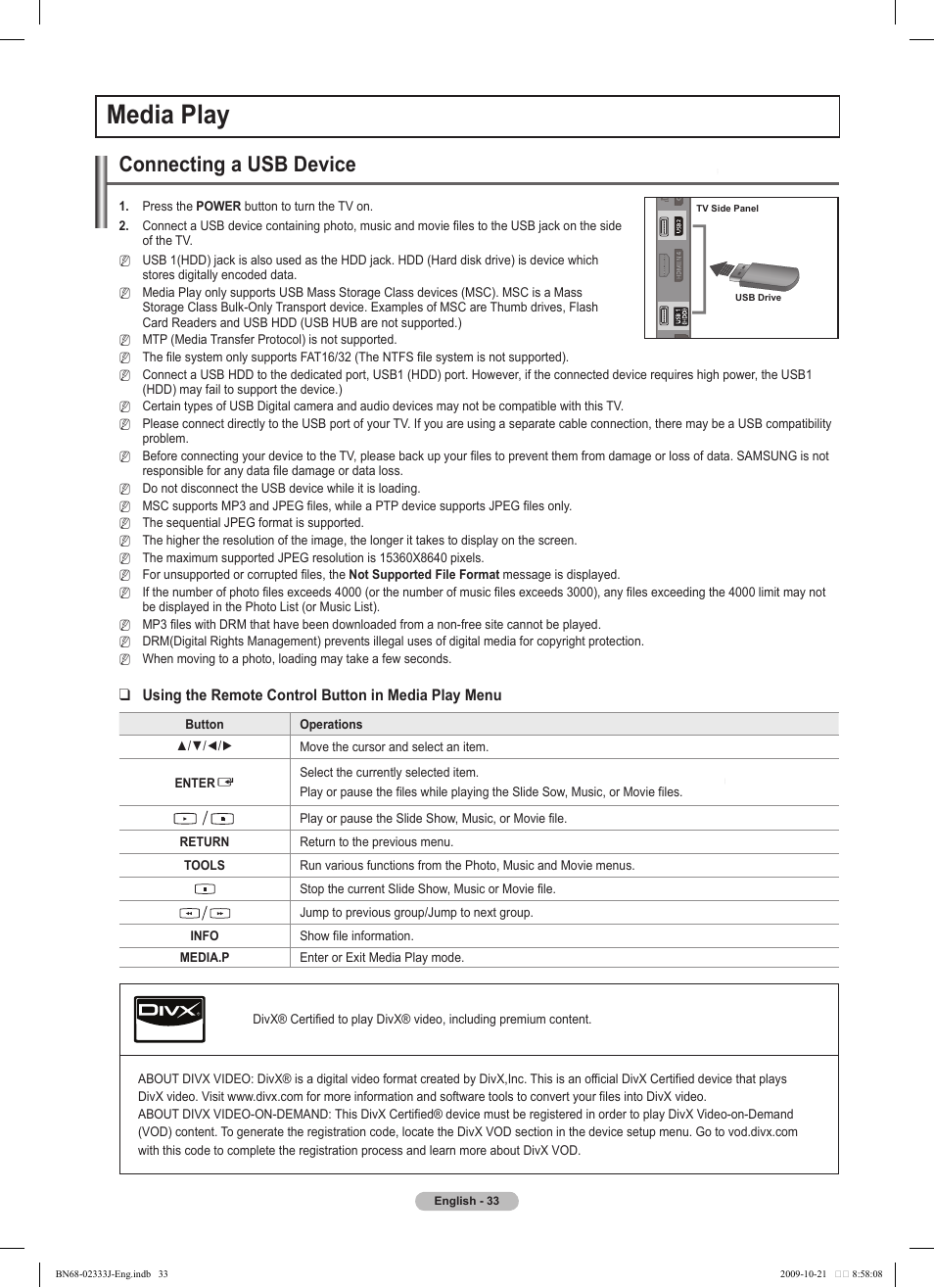 Media play, Connecting a usb device, Using the remote control button in media play menu | Samsung PS63B680T6W User Manual | Page 33 / 648