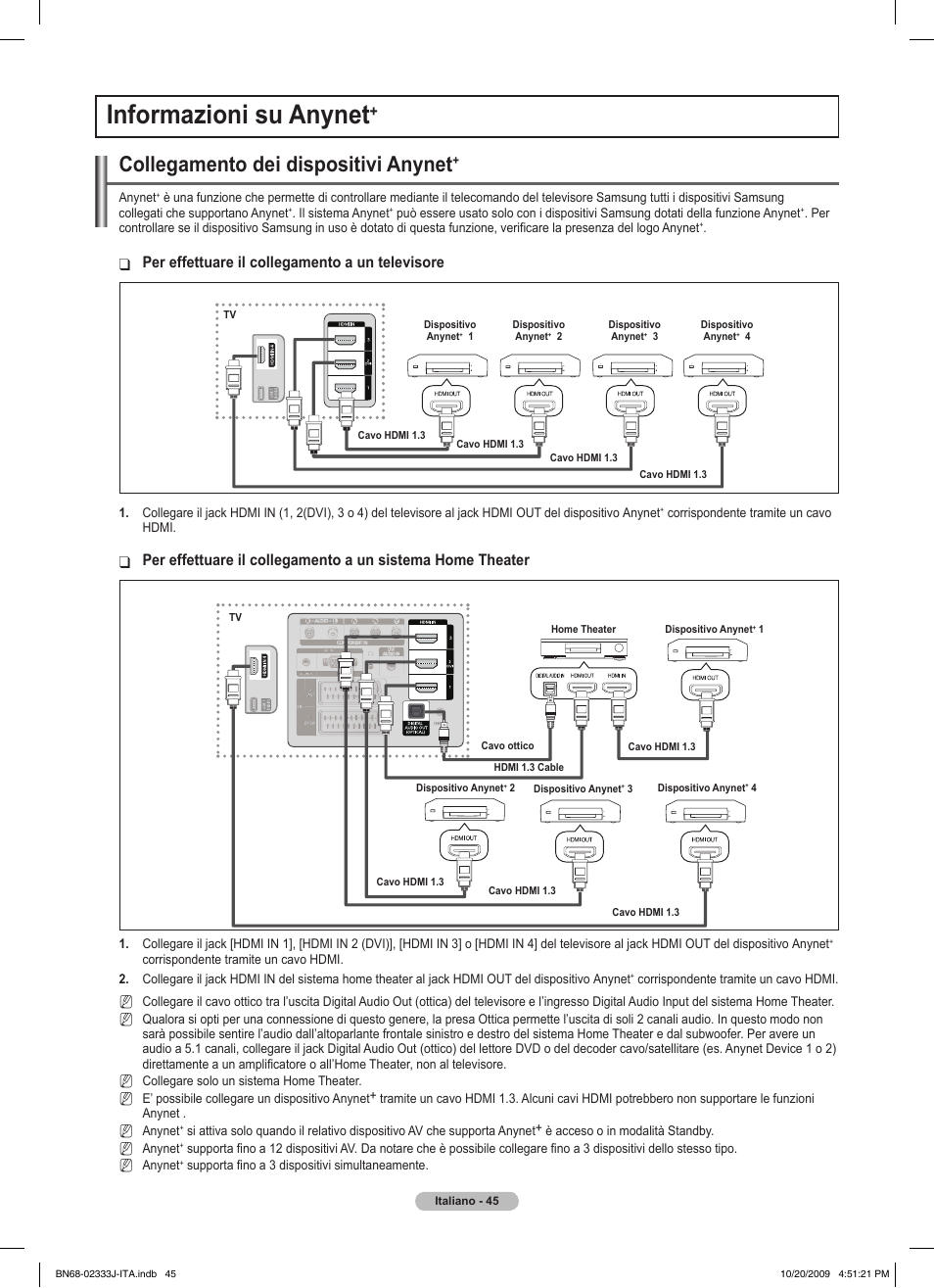 Informazioni su anynet, Collegamento dei dispositivi anynet, Per effettuare il collegamento a un televisore | Samsung PS63B680T6W User Manual | Page 336 / 648