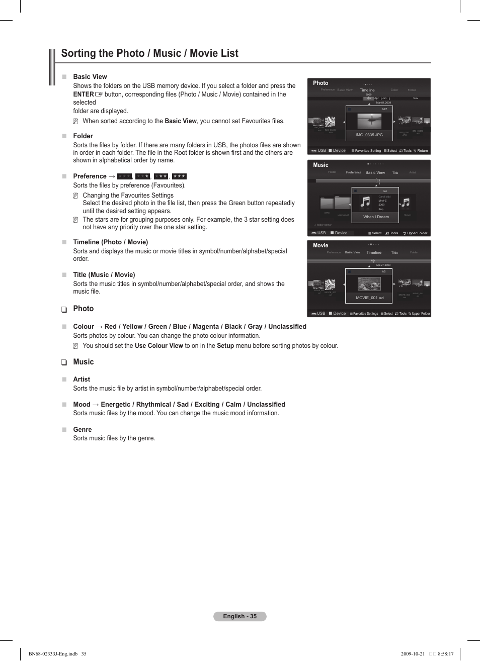 Sorting the photo / music / movie list, Photo, Music | Basic view, Artist, Sorts music files by the genre | Samsung PS63B680T6W User Manual | Page 35 / 648