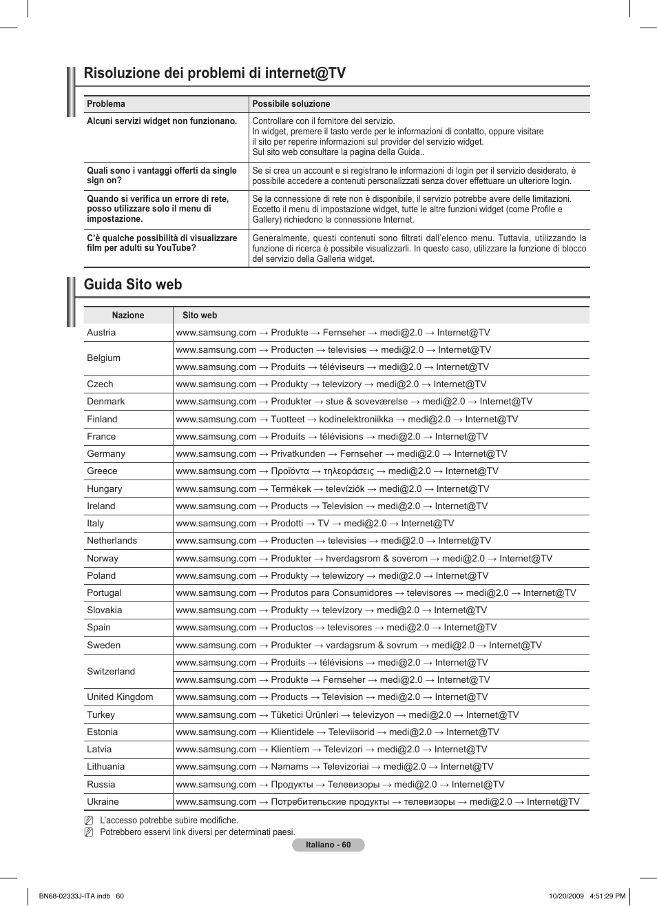 Risoluzione dei problemi di internet@tv, Guida sito web | Samsung PS63B680T6W User Manual | Page 351 / 648