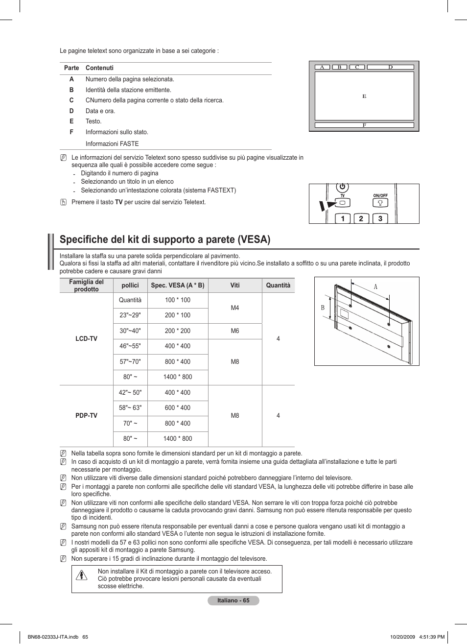 Specifiche del kit di supporto a parete (vesa) | Samsung PS63B680T6W User Manual | Page 356 / 648