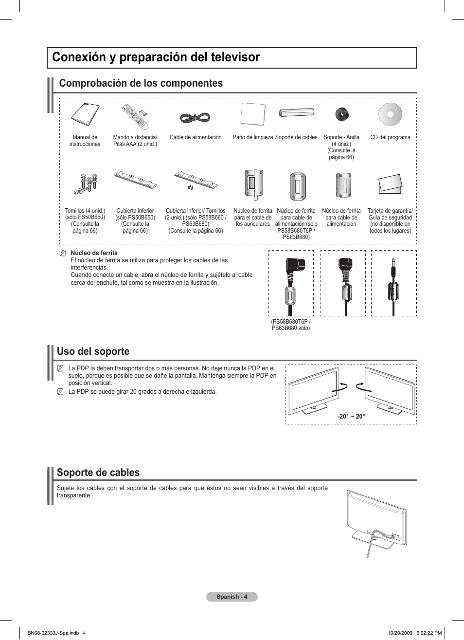 Conexión y preparación del televisor, Soporte de cables, Uso del soporte | Comprobación de los componentes | Samsung PS63B680T6W User Manual | Page 366 / 648