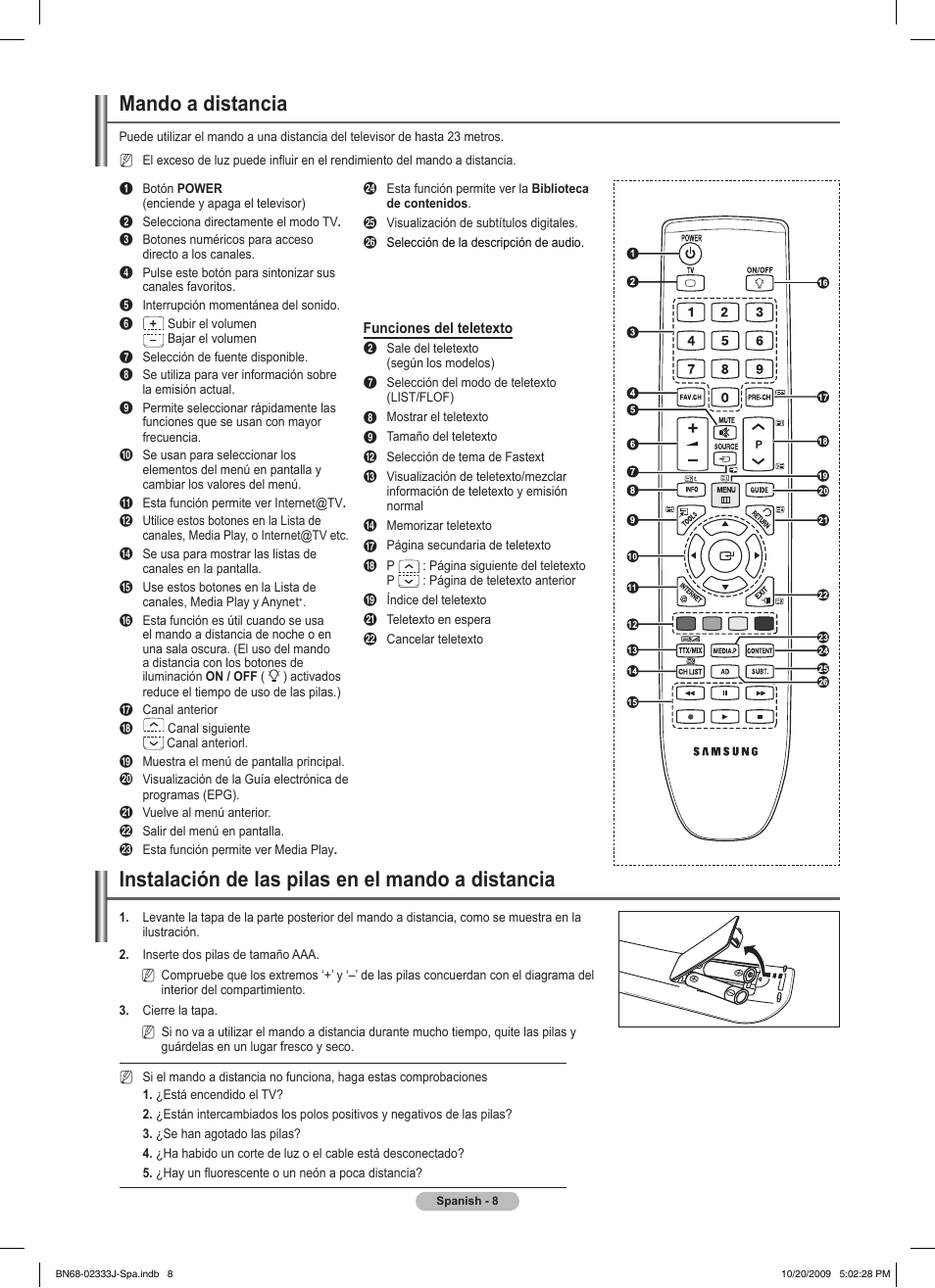 Mando a distancia, Instalación de las pilas en el mando a distancia | Samsung PS63B680T6W User Manual | Page 370 / 648