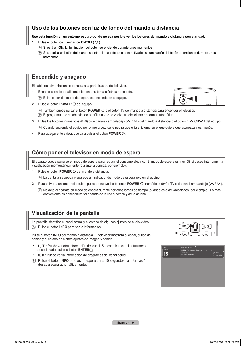 Visualización de la pantalla, Encendido y apagado, Cómo poner el televisor en modo de espera | Samsung PS63B680T6W User Manual | Page 371 / 648