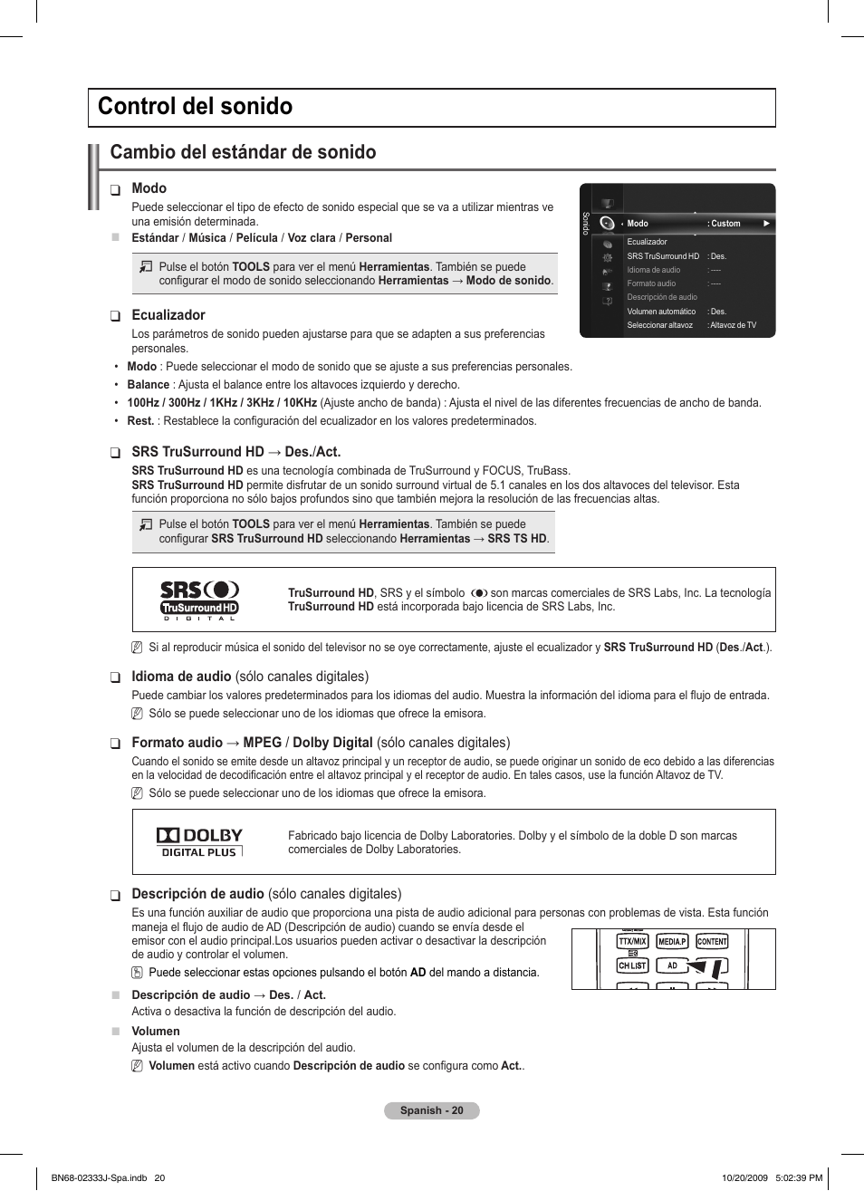 Control del sonido, Cambio del estándar de sonido | Samsung PS63B680T6W User Manual | Page 382 / 648