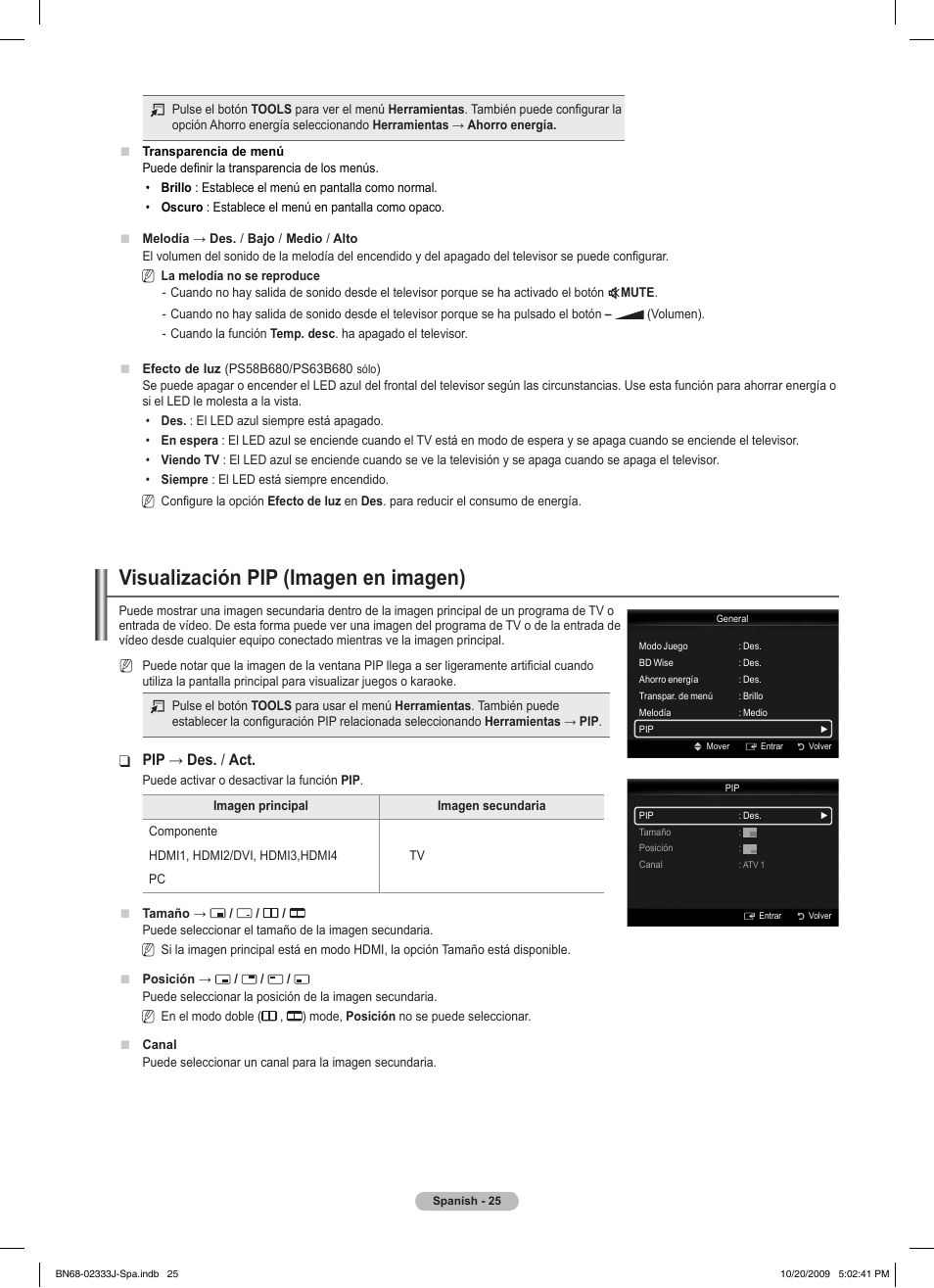 Visualización pip (imagen en imagen), Pip ❑ → des. / act | Samsung PS63B680T6W User Manual | Page 387 / 648