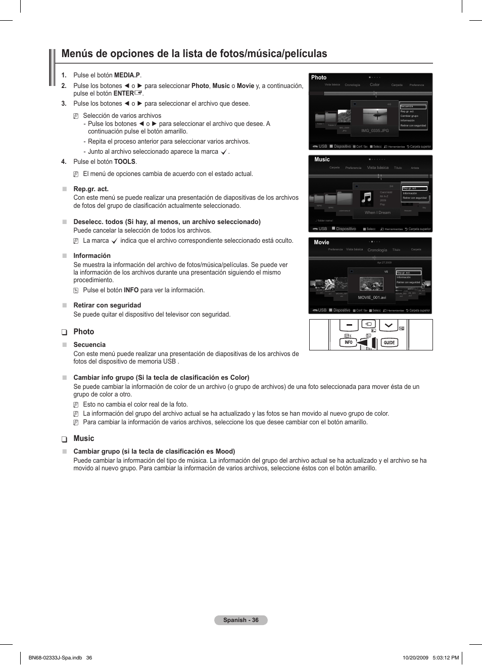 Photo, Music, Rep.gr. act | Secuencia | Samsung PS63B680T6W User Manual | Page 398 / 648
