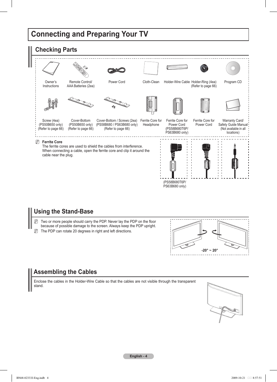 Connecting and preparing your tv, Assembling the cables, Using the stand-base | Checking parts | Samsung PS63B680T6W User Manual | Page 4 / 648