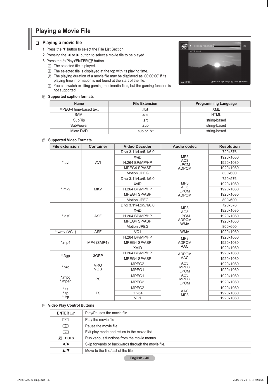 Playing a movie file | Samsung PS63B680T6W User Manual | Page 40 / 648