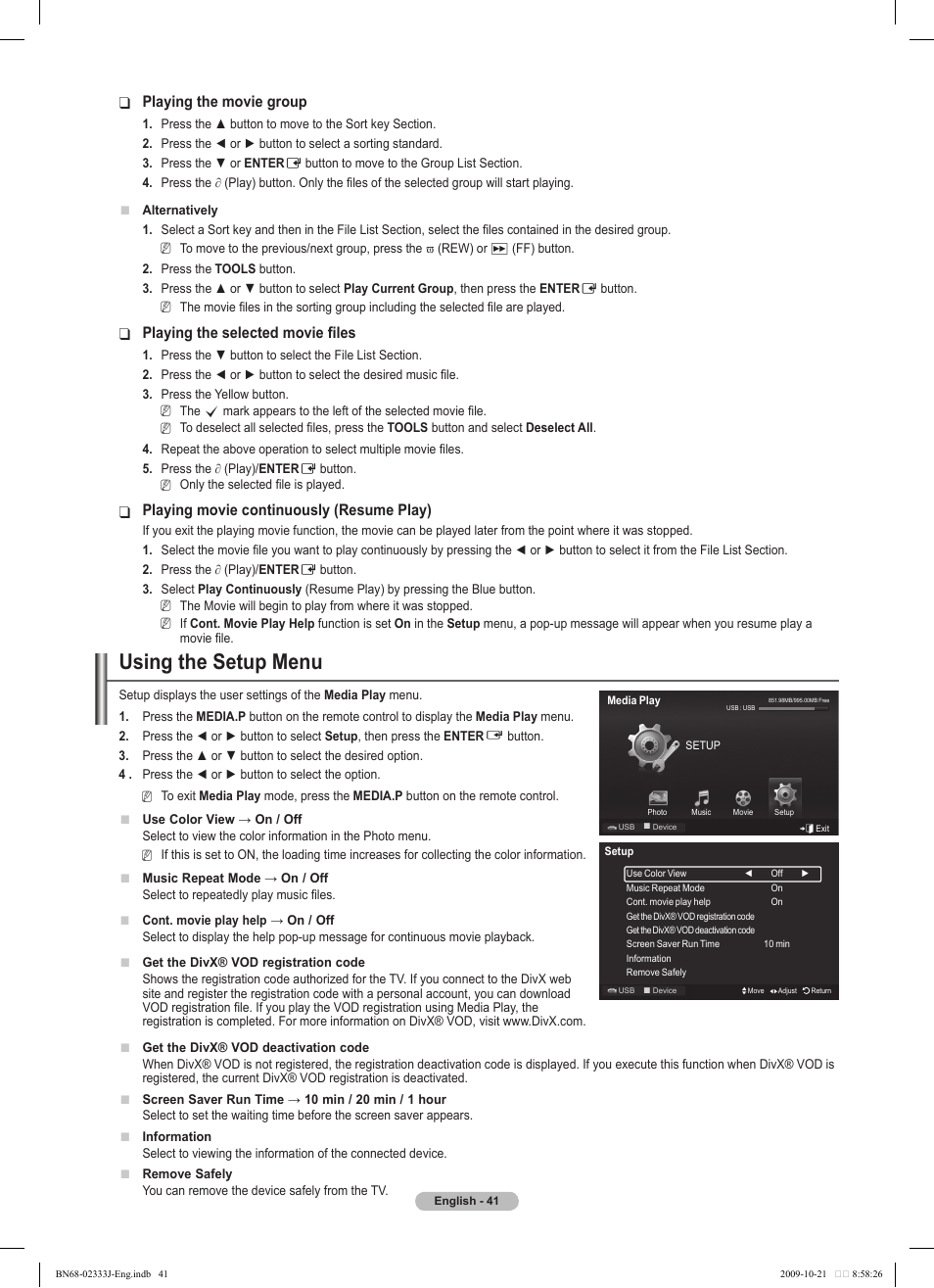 Using the setup menu, Playing the movie group, Playing the selected movie files | Playing movie continuously (resume play) | Samsung PS63B680T6W User Manual | Page 41 / 648