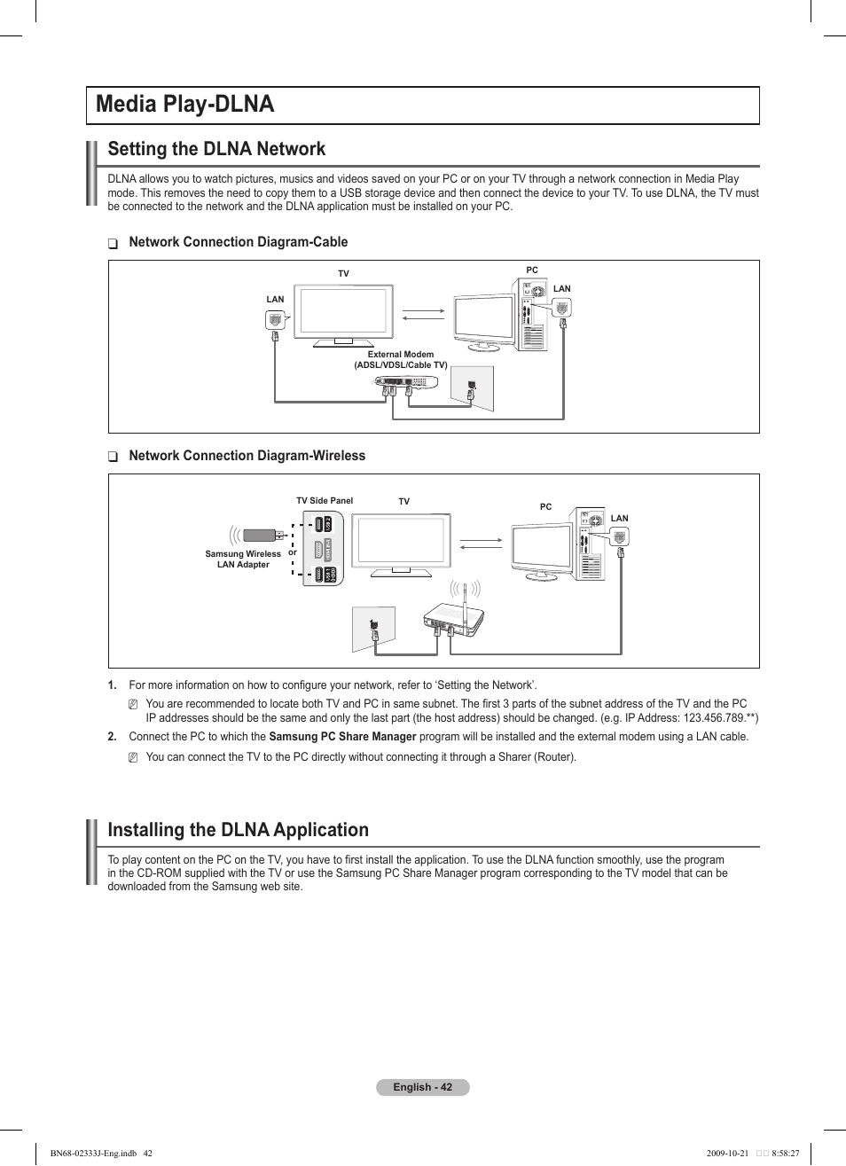 Media play-dlna, Setting the dlna network, Installing the dlna application | Samsung PS63B680T6W User Manual | Page 42 / 648