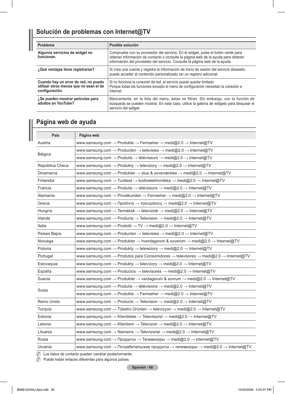 Solución de problemas con internet@tv, Página web de ayuda | Samsung PS63B680T6W User Manual | Page 422 / 648