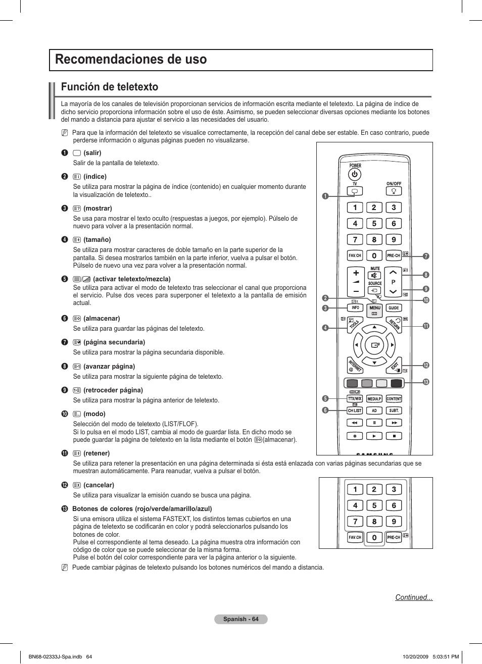 Recomendaciones de uso, Función de teletexto | Samsung PS63B680T6W User Manual | Page 426 / 648