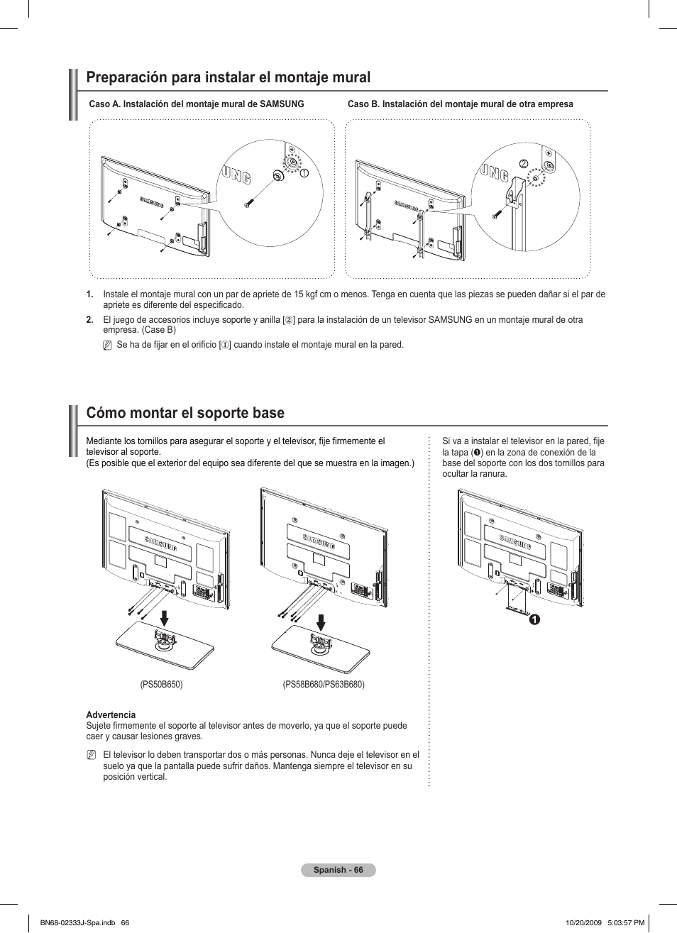 Preparación para instalar el montaje mural, Cómo montar el soporte base | Samsung PS63B680T6W User Manual | Page 428 / 648