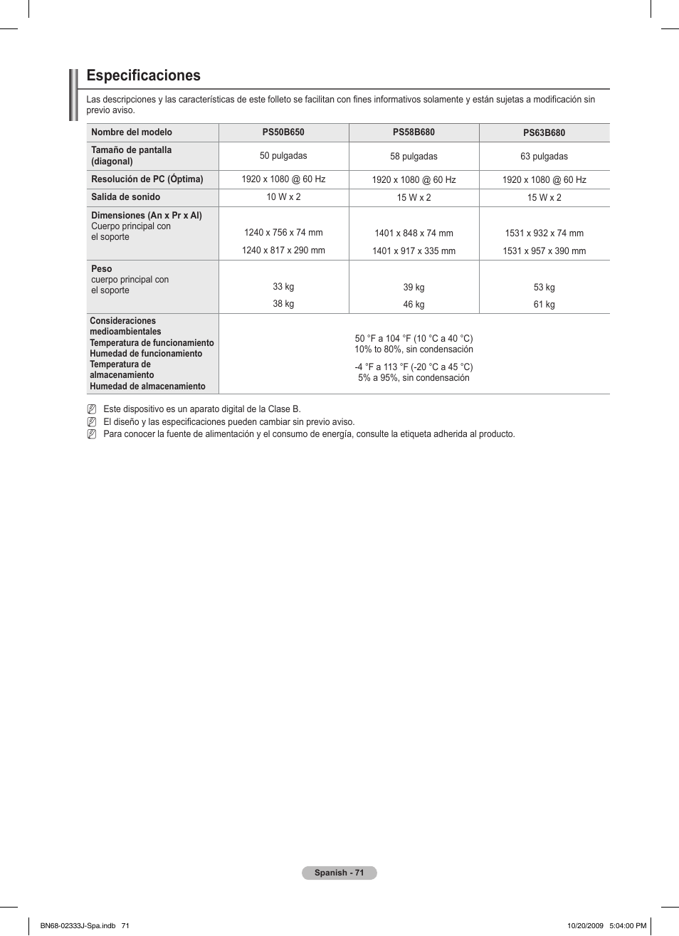 Especificaciones | Samsung PS63B680T6W User Manual | Page 433 / 648