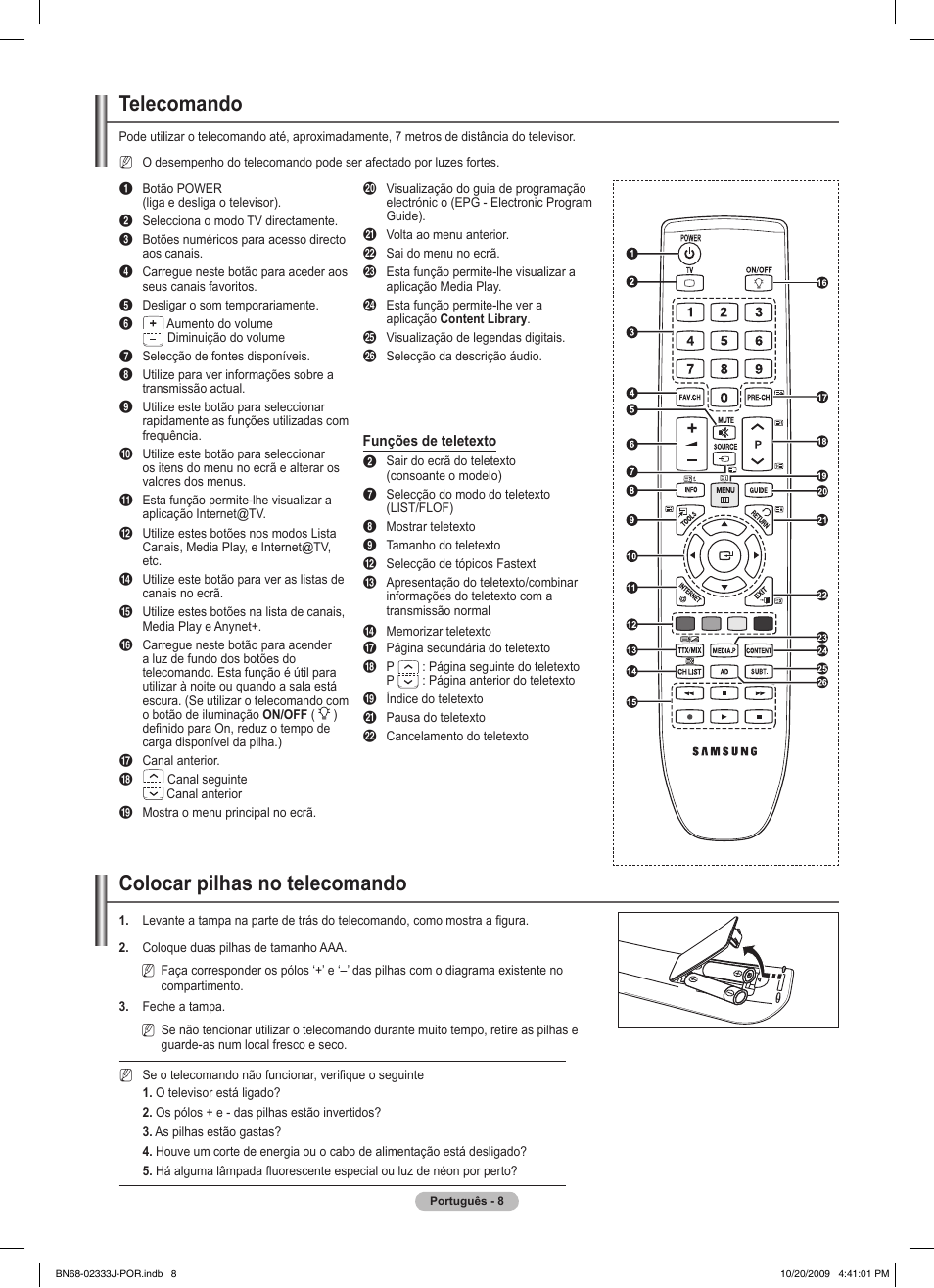 Telecomando, Colocar pilhas no telecomando | Samsung PS63B680T6W User Manual | Page 440 / 648