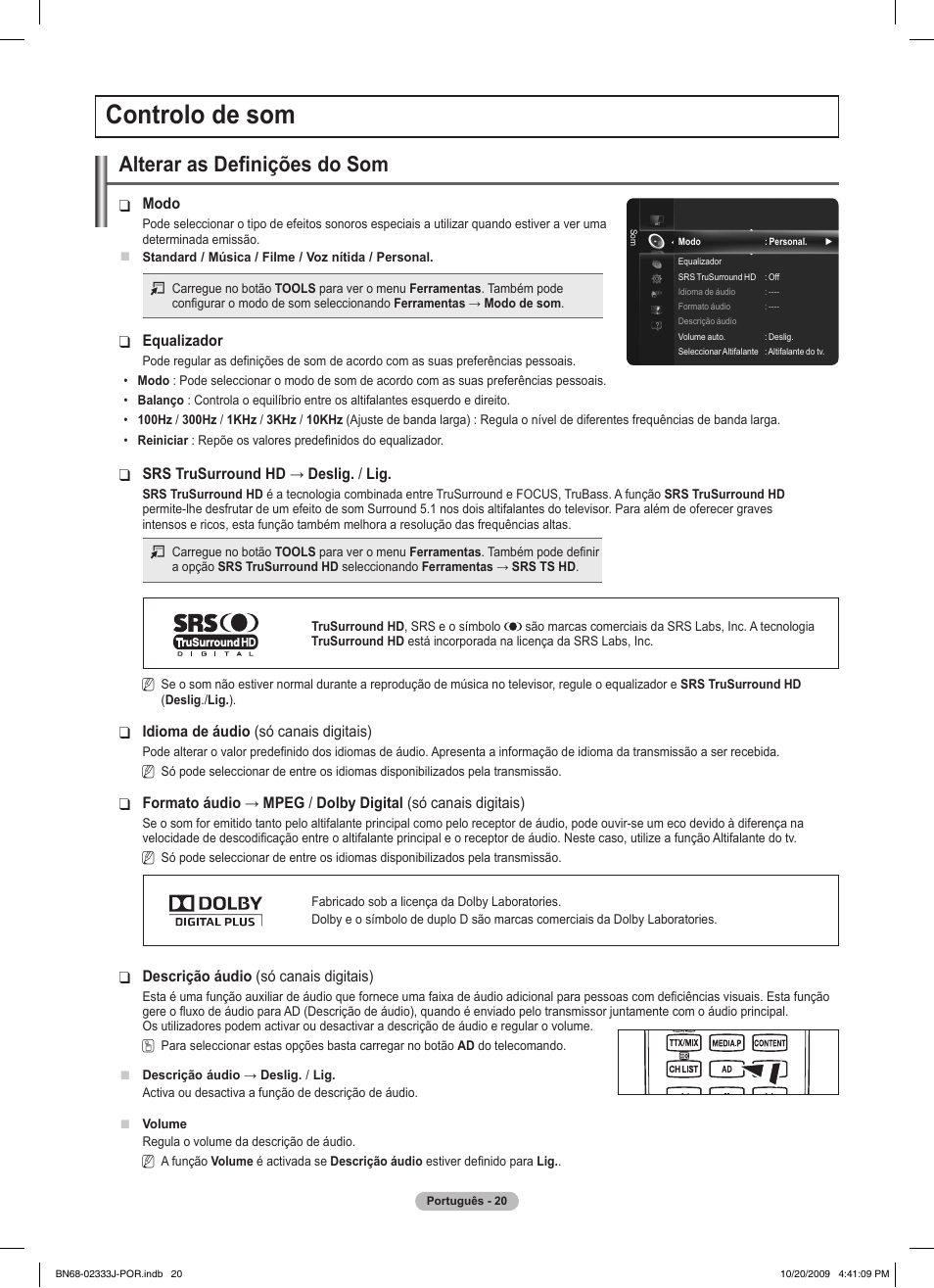 Controlo de som, Alterar as definições do som | Samsung PS63B680T6W User Manual | Page 452 / 648