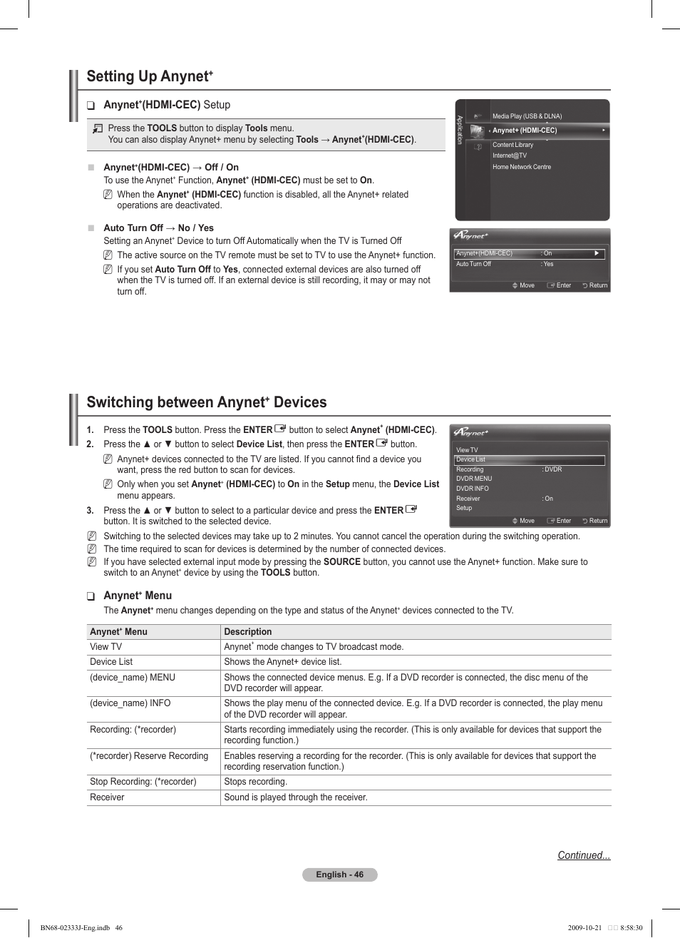 Setting up anynet, Switching between anynet, Devices | Anynet, Hdmi-cec) setup, Menu | Samsung PS63B680T6W User Manual | Page 46 / 648