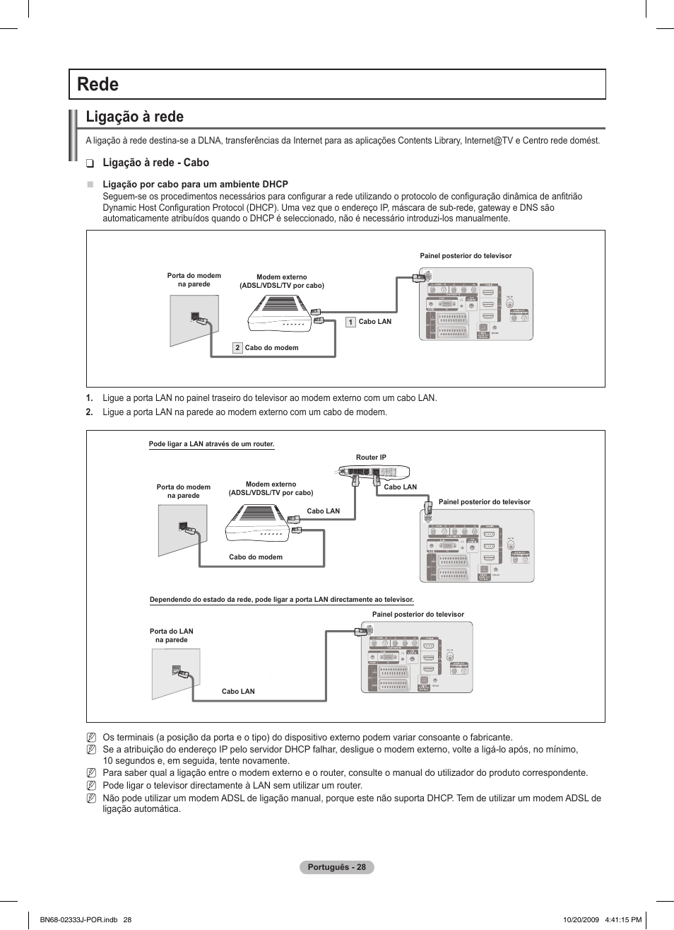 Rede, Ligação à rede, Ligação à rede - cabo | Samsung PS63B680T6W User Manual | Page 460 / 648