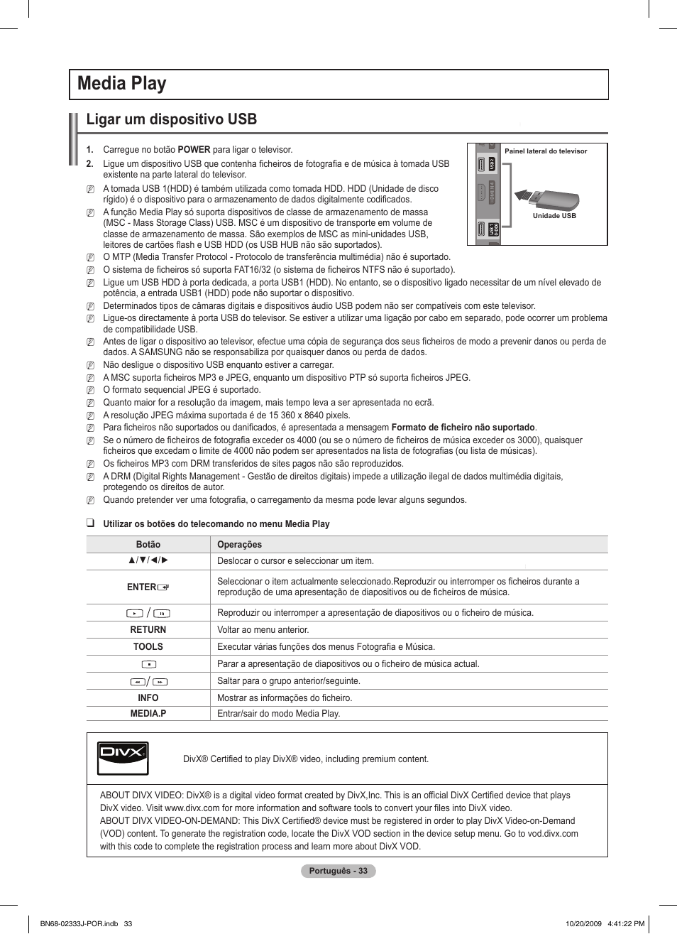 Media play, Ligar um dispositivo usb | Samsung PS63B680T6W User Manual | Page 465 / 648