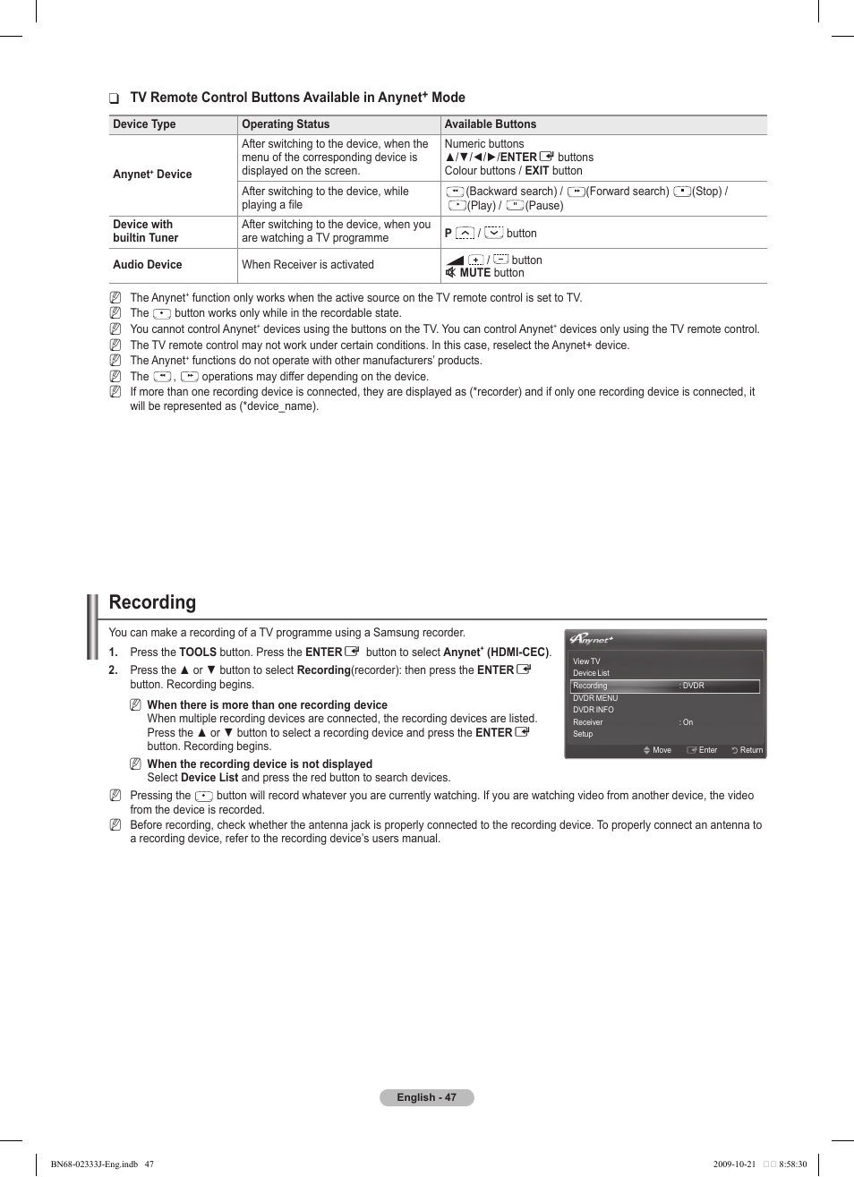 Recording | Samsung PS63B680T6W User Manual | Page 47 / 648