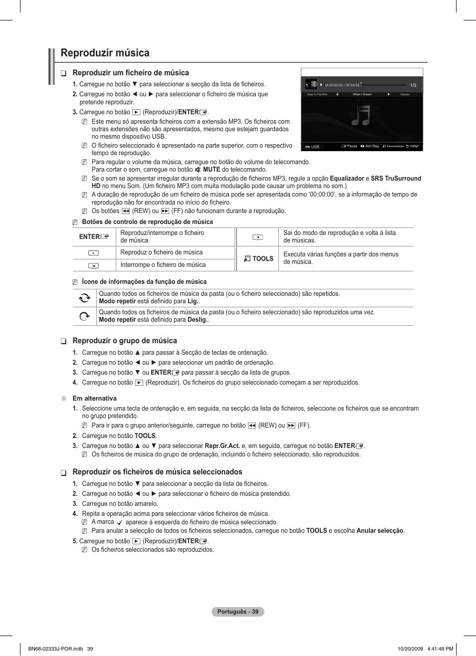 Reproduzir música, Reproduzir um ficheiro de música, Reproduzir o grupo de música | Reproduzir os ficheiros de música seleccionados | Samsung PS63B680T6W User Manual | Page 471 / 648