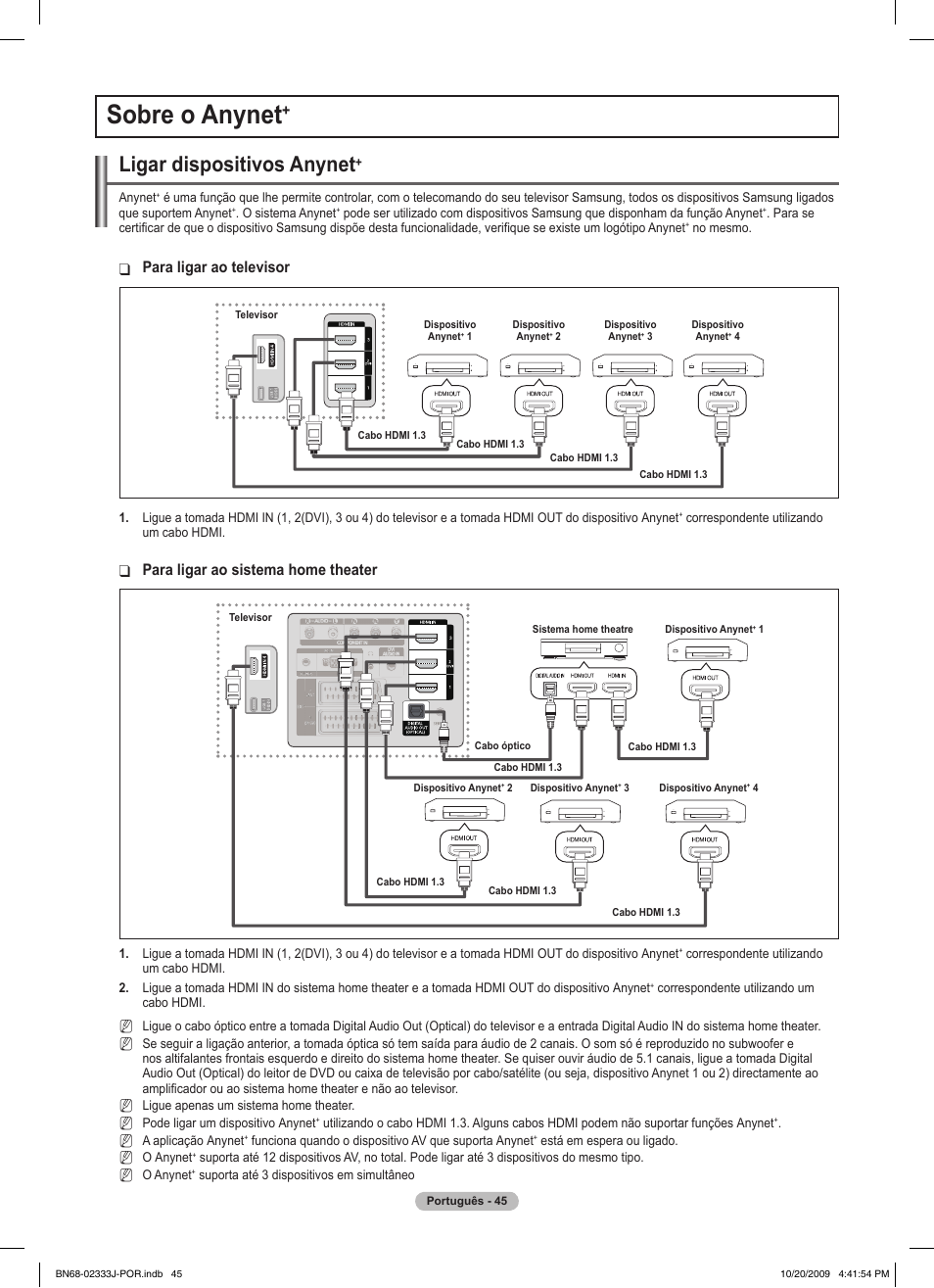 Sobre o anynet, Ligar dispositivos anynet, Para ligar ao televisor | Para ligar ao sistema home theater | Samsung PS63B680T6W User Manual | Page 477 / 648