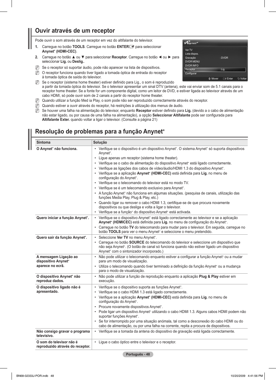 Ouvir através de um receptor, Resolução de problemas para a função anynet | Samsung PS63B680T6W User Manual | Page 480 / 648