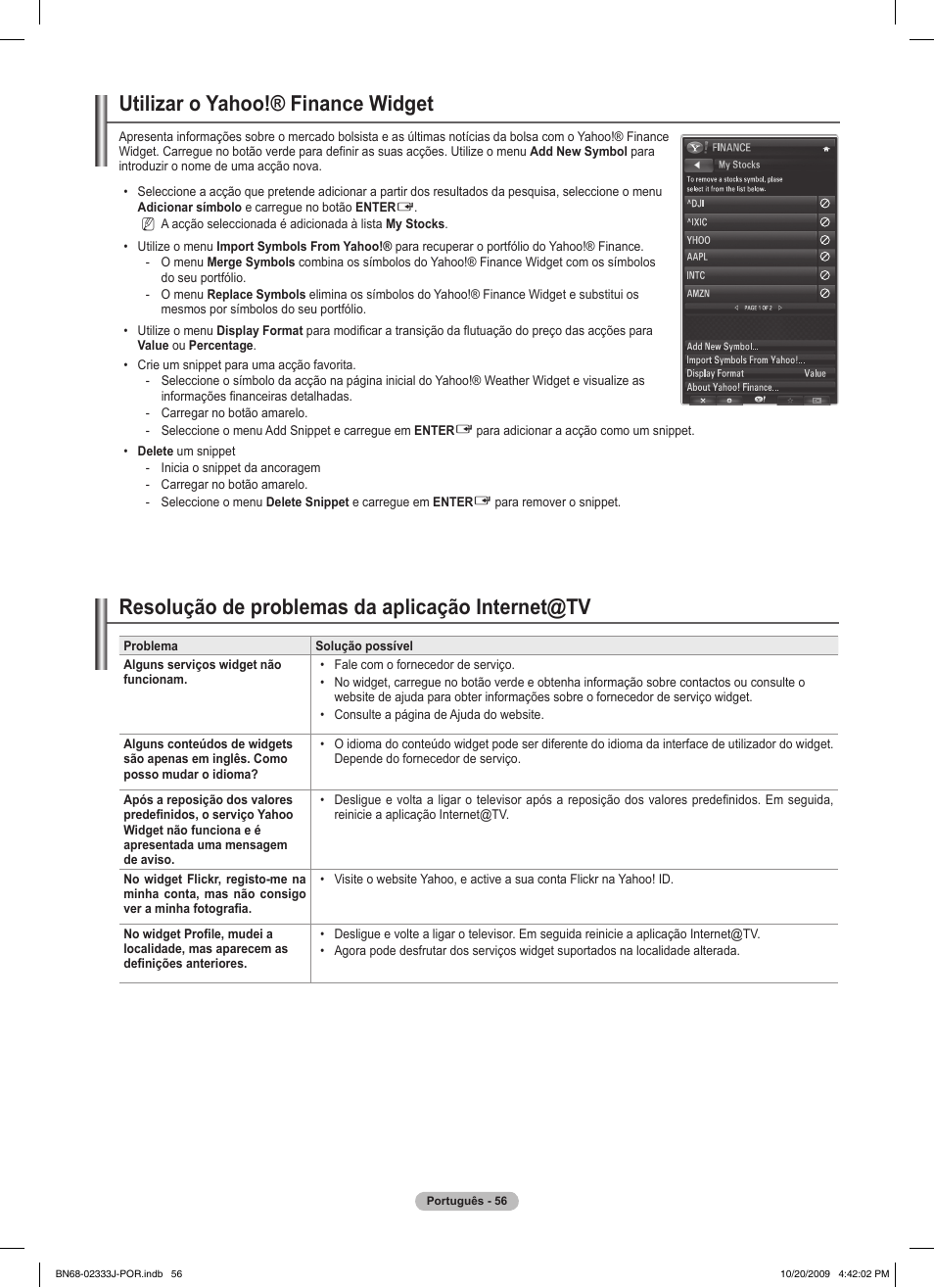 Utilizar o yahoo!® finance widget, Resolução de problemas da aplicação internet@tv | Samsung PS63B680T6W User Manual | Page 488 / 648