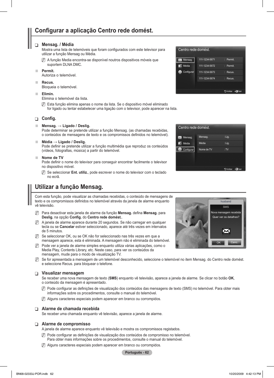 Configurar a aplicação centro rede domést, Utilizar a função mensag, Mensag. / média | Config, Visualizar mensagem, Alarme de chamada recebida, Alarme de compromisso | Samsung PS63B680T6W User Manual | Page 494 / 648