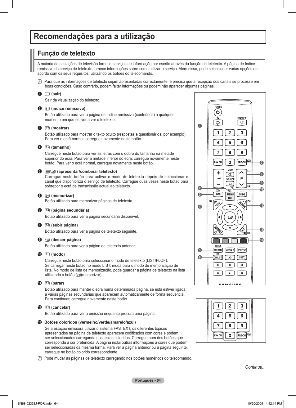 Recomendações para a utilização, Função de teletexto | Samsung PS63B680T6W User Manual | Page 496 / 648