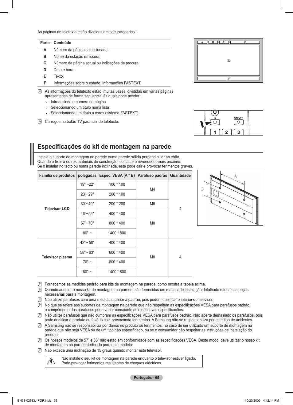 Especificações do kit de montagem na parede | Samsung PS63B680T6W User Manual | Page 497 / 648
