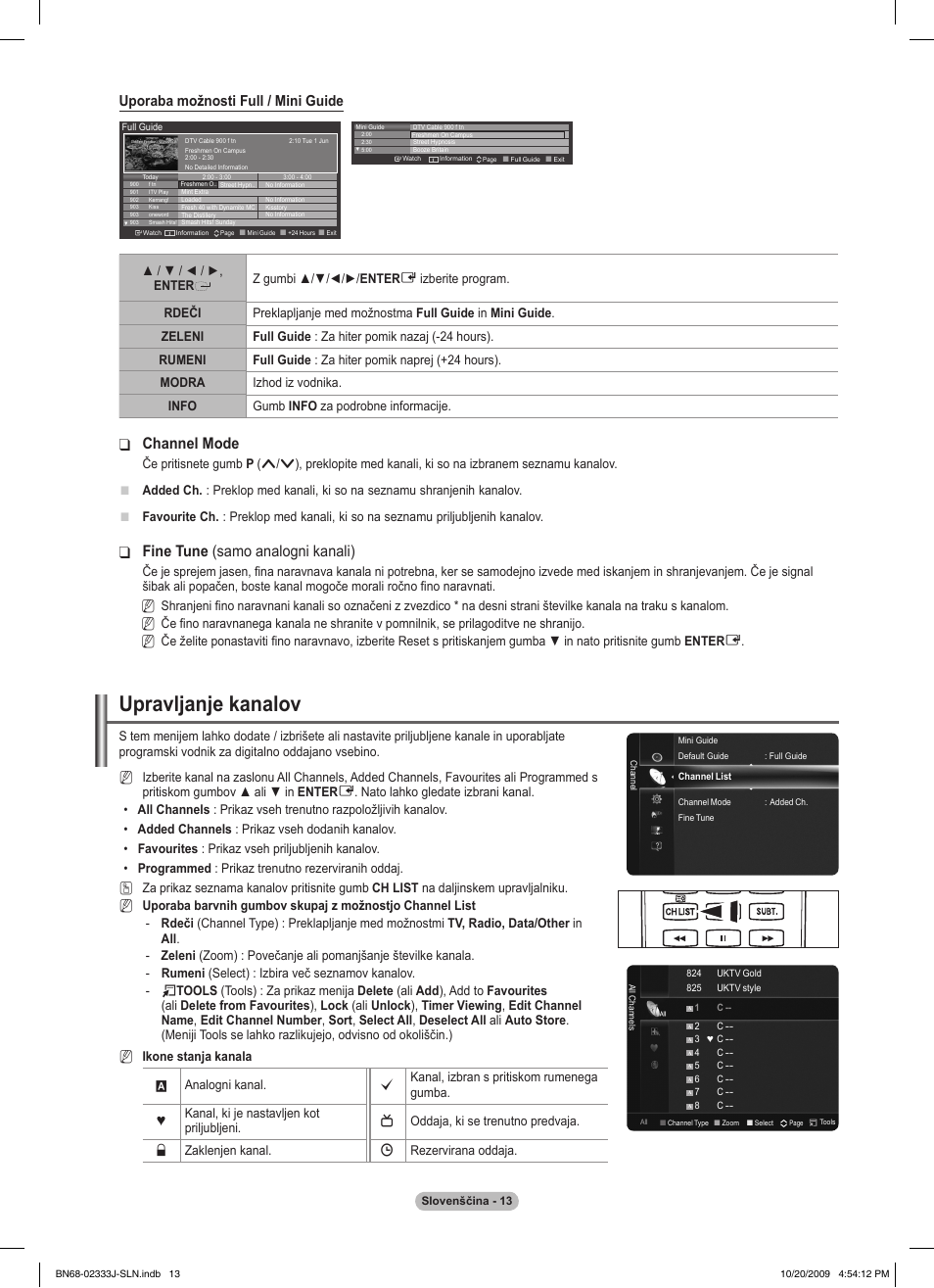 Upravljanje kanalov, Channel mode, Fine tune ❑ (samo analogni kanali) | Uporaba možnosti full / mini guide | Samsung PS63B680T6W User Manual | Page 515 / 648
