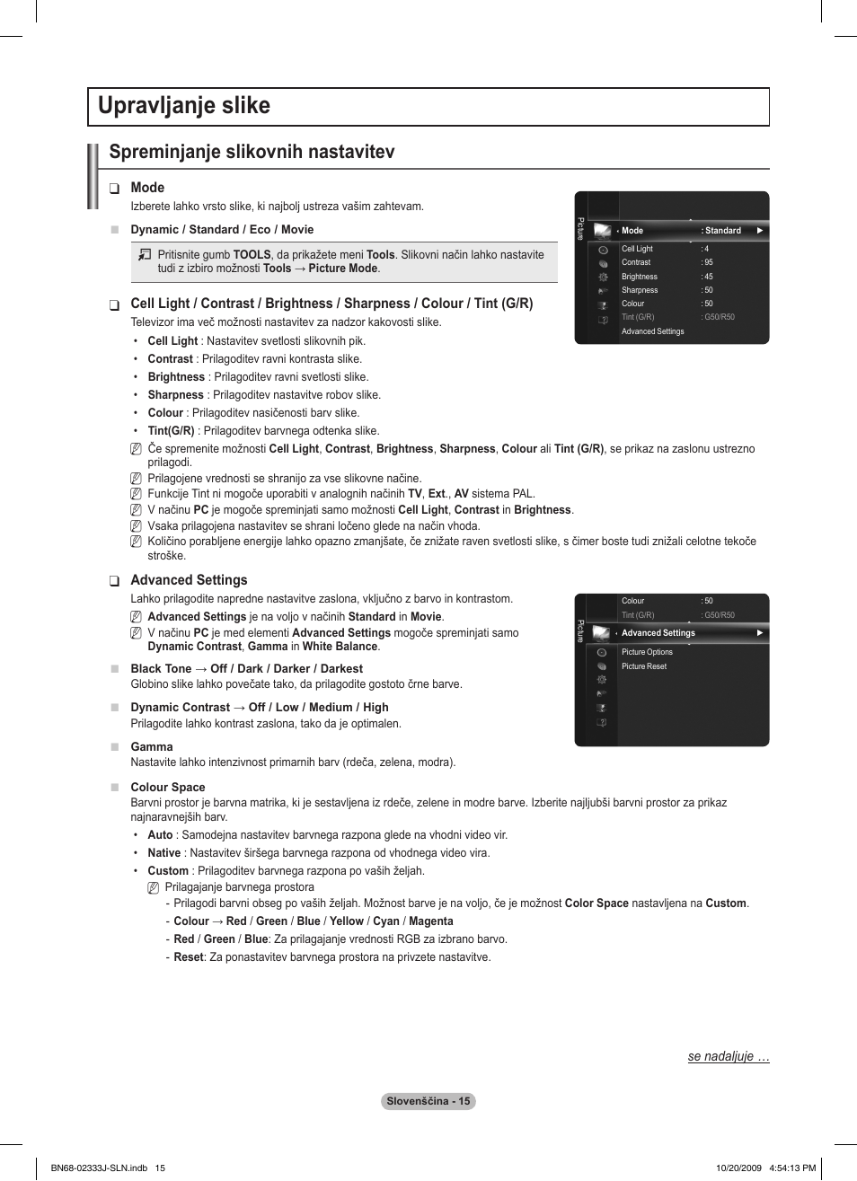 Upravljanje slike, Spreminjanje slikovnih nastavitev | Samsung PS63B680T6W User Manual | Page 517 / 648