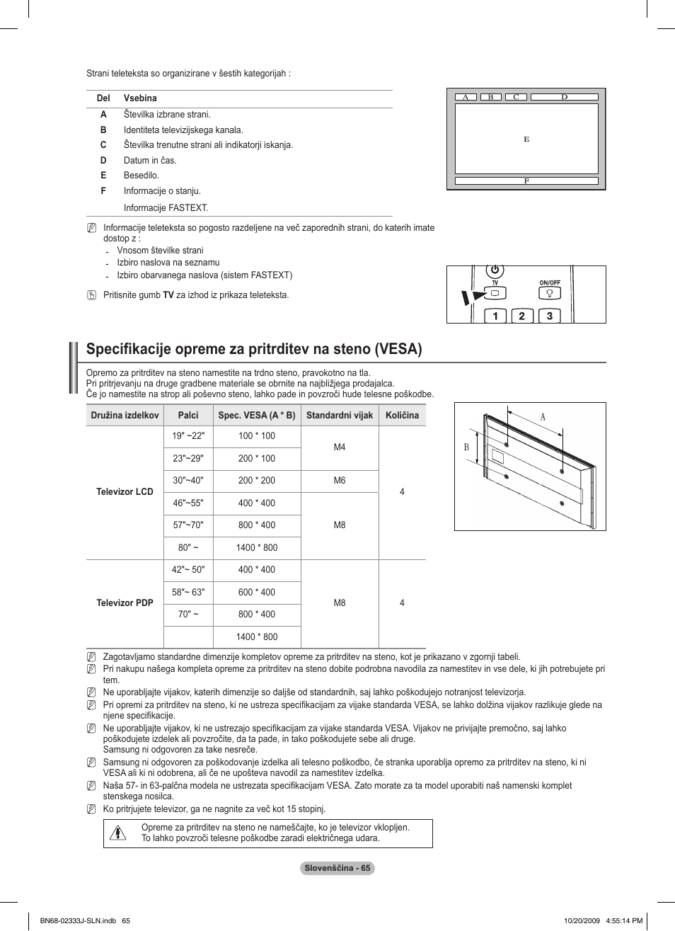 Specifikacije opreme za pritrditev na steno (vesa) | Samsung PS63B680T6W User Manual | Page 567 / 648